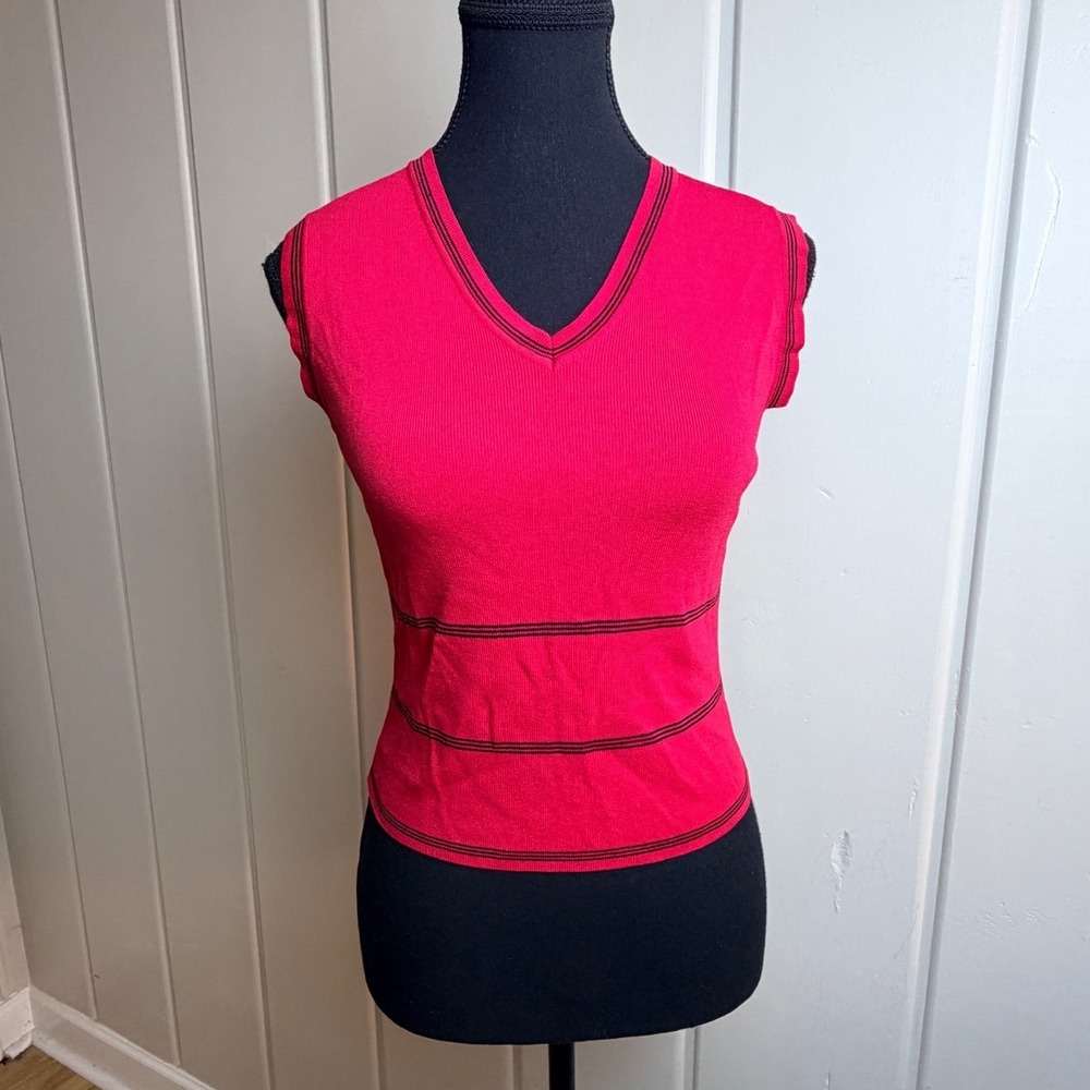 Vintage Finity Red Striped V-Neck Sleeveless Knit Top Rayon Blend Small